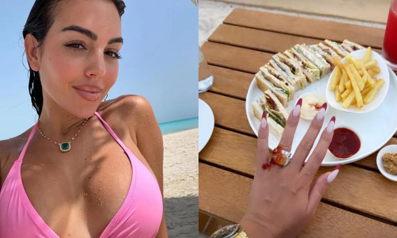 Джорджина Родригес ест картошку фри на отдыхе. Она испачкала бриллианты кетчупом