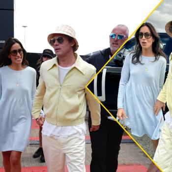 Брэд Питт и его возлюбленная, которая на 27 лет младше его, держатся за руки во время гонки Формулы-1