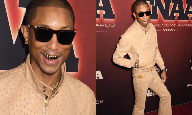 Фаррелл Уильямс ослепляет своей золотой улыбкой на стене Фаррелл Уильямс ослепляет своей золотой улыбкой на стене