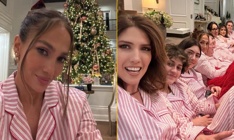 Дженнифер Лопес позирует у рождественской елки 24 декабря 2025 года.