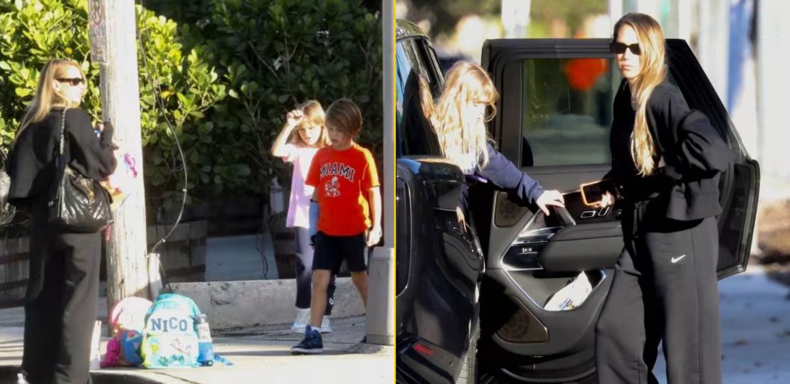 Анна Курникова в спортивном костюме забирает группу детей из школы спустя 5 недель после рождения четвертого ребенка
