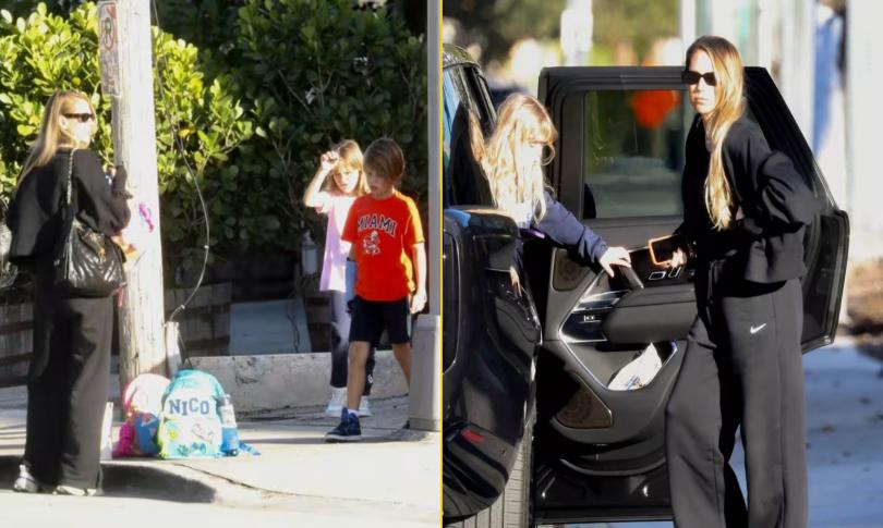 Анна Курникова в спортивном костюме забирает группу детей из школы спустя 5 недель после рождения четвертого ребенка