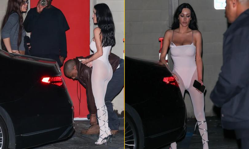 ианка Цензори,одетая в белый комбинезон из колготок