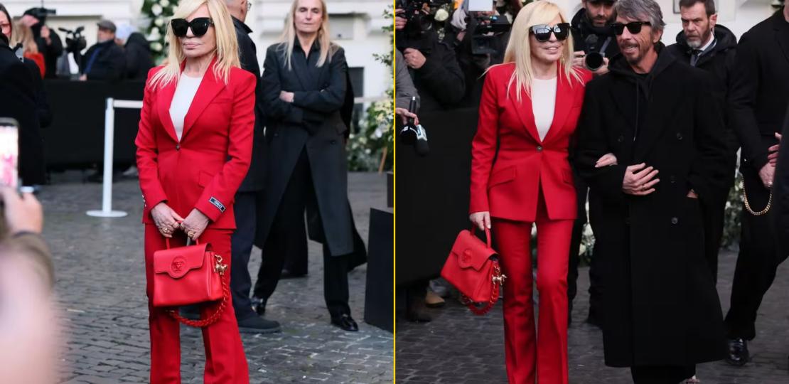 Донателла Версаче в красном на похоронах Валентино. Ее наряд отдал дань уважения дизайнеру