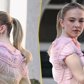 Сидни Суини в нежно-розовом платье на съемках Kerastase:когда образ работает на идею